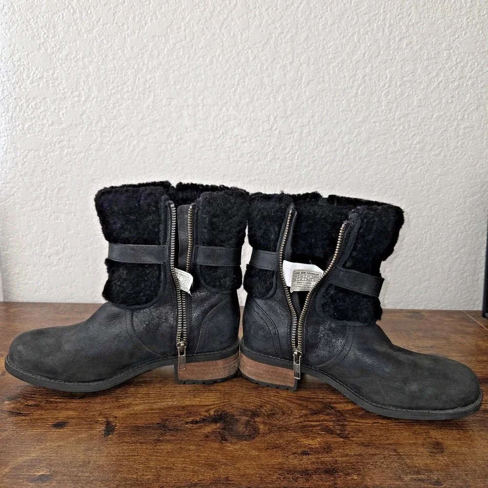 UGG Simmens Boot Women 5.5 Black Waterproof Leather Shearling Moto 1008220